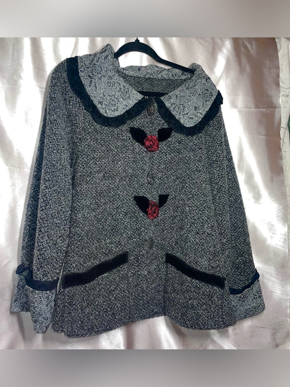 Lee Anderson Art To Wear Sweater Jacket Mixed Media Rose Lace Oversized Size 1/S